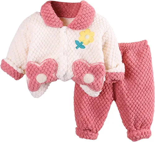 TBUIALL Toddler Girl Winter Pajamas Coral Velvet Flower Print Casual Loose Winter Warm Clothes Set Fleece Warm