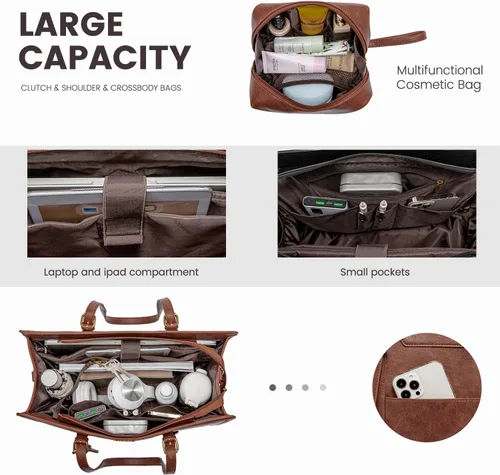 Miniatura 3 de LOVEVOOK Bolsa de mano para laptop para mujer, bolsa de trabajo vintage de 15.6 pulgadas con embrague, bolso grande de cuero para laptop con soporte