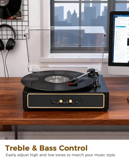 Miniatura 4 de Tocadiscos retro Bluetooth con altavoces integrados, tocadiscos de 3 velocidades por correa, control de graves y agudos, reproductor de vinilo Negro