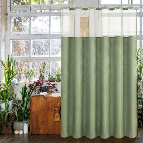 Miniatura 23 de Gibelle Juego de cortina de ducha de tejido gofre con ventana superior de malla y ganchos, cortina de ducha de tela estilo spa para baño, beige, 72