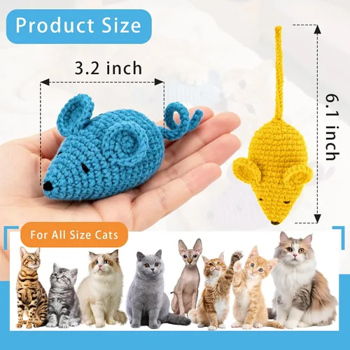 Miniatura 7 de Retro Shaw Juguetes de hierba gatera de ganchillo, 6 piezas de hilo para pezón de gato, ratones seguros para limpieza de dientes, juguete masticable