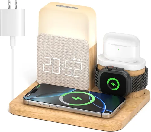 Estación de carga de reloj despertador para dormitorios, estación de carga inalámbrica 7 en 1, cargador magnético con luz nocturna para iPhone 17,
