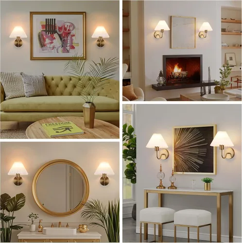 Miniatura 7 de Juego de 2 apliques de pared de latón cepillado con pantalla plisada blanca, lámpara de pared dorada de cuello de cisne para interiores, tocador