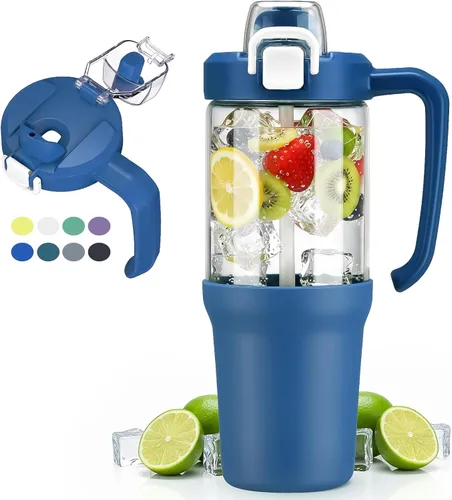 Miniatura 11 de Vaso de vidrio con asa de transporte, botella de agua de vidrio transparente con tapa a prueba de fugas, tapa de boquilla y popote, sin BPA, 32