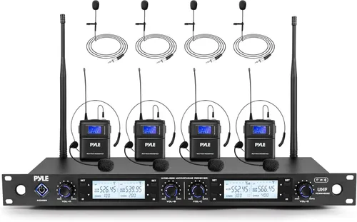 Miniatura 10 de Pyle Sistema de micrófono inalámbrico UHF de 4 canales con 2 micrófonos de mano, 2 Lavalier 2 auriculares y transmisores de cinturón, rango de 300