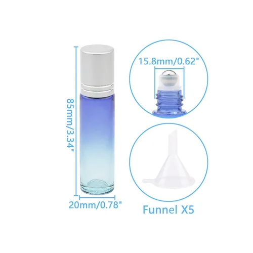 Miniatura 2 de Juego de 10 botellas enrollables de vidrio, 0.3 fl oz (1/3 onza), tarros de rodillo de gradiente azul con abridor de embudos, frascos de vidrio