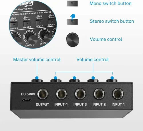Miniatura 4 de Moukey Mini Mezclador de Audio, DC 5V, 4 Estéreo Ultra, Mezclador de Línea de 4 Canales de Bajo Ruido para Sub-Mezcla, para Pequeños Clubes o Bares