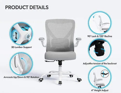 Miniatura 4 de Silla de oficina Silla de escritorio ergonómica cómoda: Silla de computadora de malla de 330 libras, sillas ergonómicas para juegos con ruedas, Gris