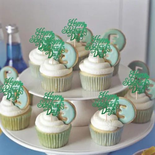 Miniatura 4 de 1 paquete de decoración para pastel de cumpleaños del día de San Patricio con purpurina verde de trébol de la suerte de cuatro hojas, trébol