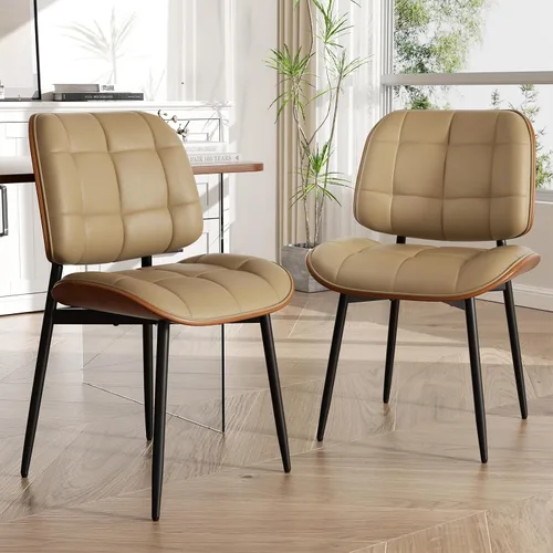 Miniatura 30 de Silla de comedor, moderna de mediados de siglo con cojín grueso, sillas de cocina tapizadas de piel sintética con respaldo de madera curvada de Beige