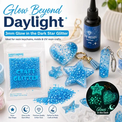 Miniatura 3 de Sourcingbay Stars Glitter 3mm Glow in The Dark Blue Star Glitter PVC Luminous Resin Craft Glitter for Nail Art Makeup Party Decoration UV Reactive