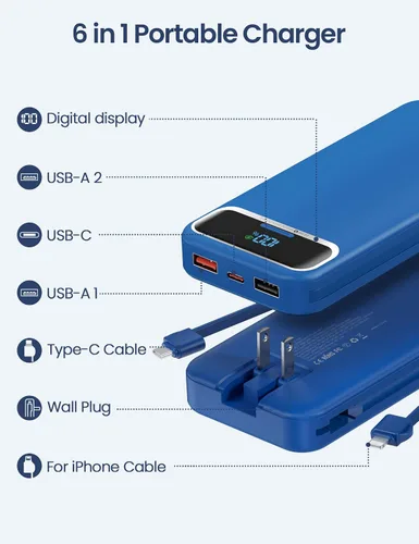 Miniatura 2 de Cargador portátil ligero de 12000 mAh con cables integrados y enchufe de pared de CA, batería de carga rápida PD20W USB-C, pantalla LED, cargador