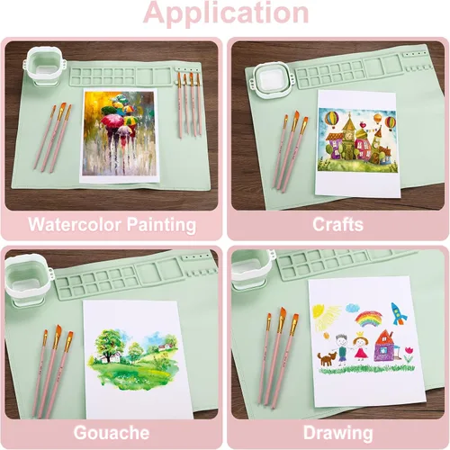 Miniatura 6 de PATIKIL Tapete de pintura de silicona, 2 estaciones de pintura de 20 x 16 pulgadas con taza y soporte para pintura no extraíble, hoja de arte
