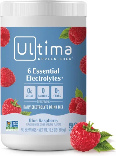 Ultima Replenisher Mezcla diaria de electrolitos en polvo, sin azúcar, frambuesa azul, 90 porciones, polvo de hidratación con 6 electrolitos y