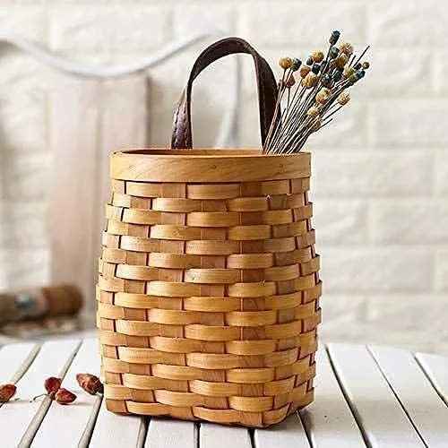 Cesta colgante de mimbre tejida a mano, cesta de almacenamiento de madera portátil para colgar en la pared, cesta de flores, organizador de frutas y