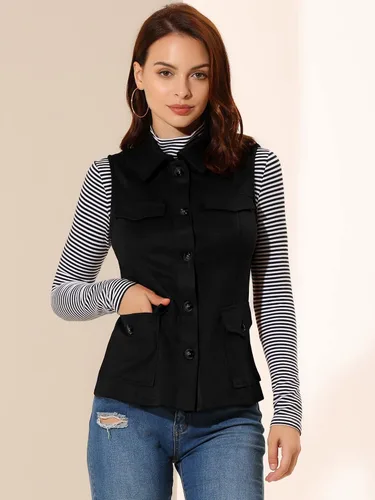Miniatura 2 de Allegra K Chaleco de gamuza sintética para mujer, chaqueta sin mangas con botones y bolsillo tipo cargo