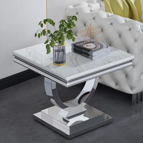 Miniatura 10 de Mesa auxiliar moderna de mármol sintético, mesa auxiliar de mármol sintético con marco geométrico, mesa central rectangular de mármol, mesa de té