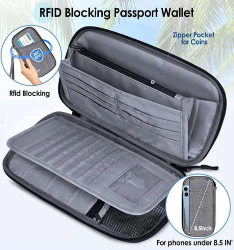 Miniatura 2 de BKNOOU Soporte para pasaporte familiar, organizador de documentos de viaje con correa cruzada para muñeca, cartera impermeable para pasaporte