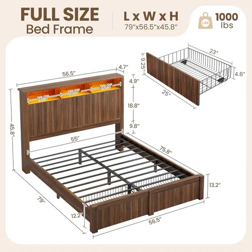 Miniatura 2 de CypBed Base de cama de tamaño matrimonial con cabecera y cajón de almacenamiento, marco de cama matrimonial con luz LED y puerto de carga, diseño