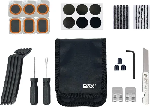 PAX Juego de herramientas de reparación de neumáticos de bicicleta, incluye parches de tubo, tapones de tira de neumáticos, kit de reparación sin
