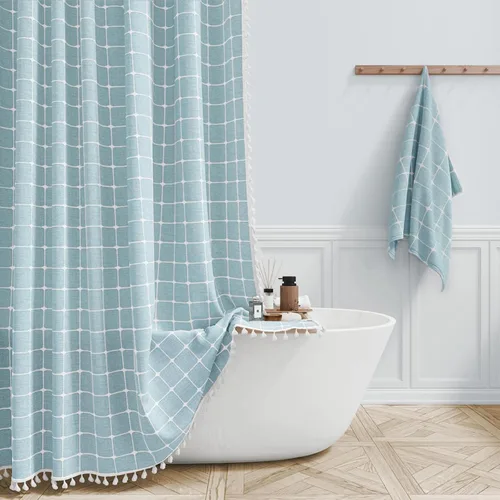Miniatura 8 de BTTN Juego de cortinas de ducha estilo bohemio de granja con borlas, tela rústica de lino resistente, repelente al agua, cortinas de ducha gruesas A