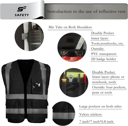 Miniatura 3 de sesafety Chaleco de seguridad con 9 bolsillos, chaleco reflectante de alta visibilidad, chaleco de seguridad, chaleco de trabajo para hombre