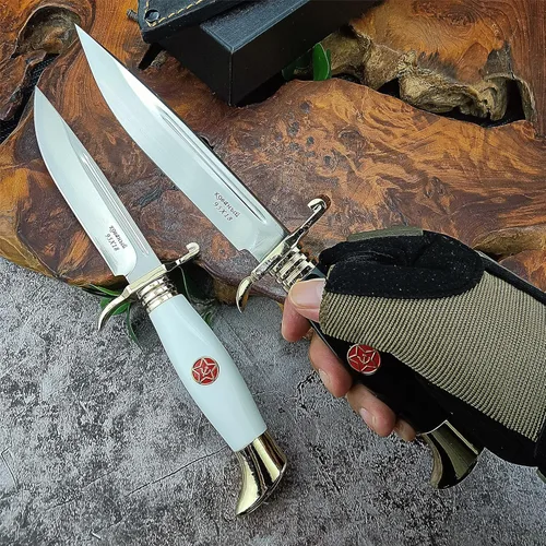Miniatura 3 de HUAAO Cuchillo Bowie con funda, cuchillo de supervivencia de hoja fija de espiga completa con mango acrílico para caza, pesca y campamento (negro)