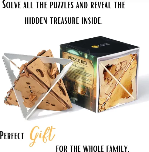 Miniatura 6 de PUZZLE POTATO Caja de rompecabezas antigravedad, rompecabezas 3D para adultos, cofre del tesoro de madera, caja de rompecabezas de dinero