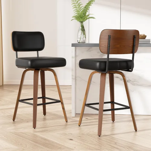 Miniatura 21 de Juego de 1 taburete de bar giratorio, taburetes de bar tapizados de 26" de altura para encimera con respaldo de nogal y patas de madera curvada