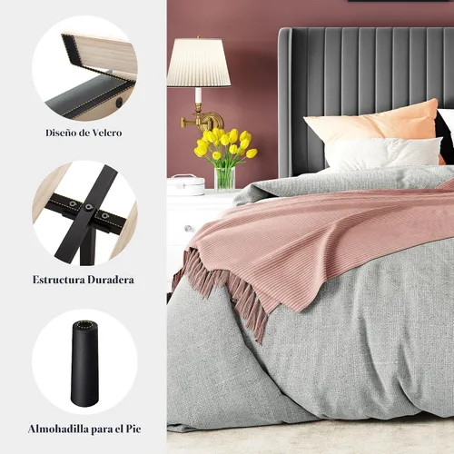 Miniatura 7 de Allewie - Base de cama tamaño Full con cabecera acolchada tapizada en terciopelo y diseño acanalado vertical; plataforma de cama tapizada; listones