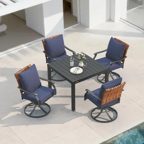 Miniatura 17 de Grand patio Juego de comedor de exterior de 5 piezas, 4 sillas de patio giratorias de mimbre con aspecto de cuero y 1 mesa de comedor cuadrada