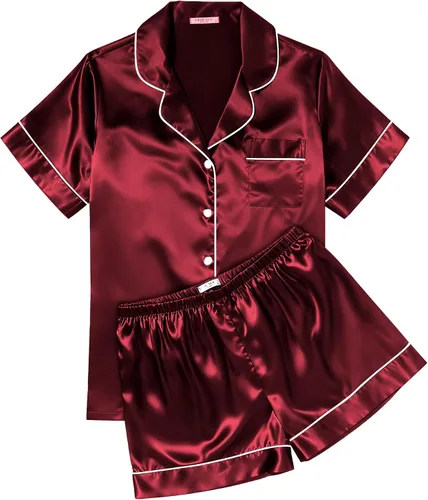Miniatura 26 de Ekouaer Conjunto de pijama de satén de seda para mujer, suave, de manga corta, con botones, ropa para dormir, camiseta y pantalones cortos, juego