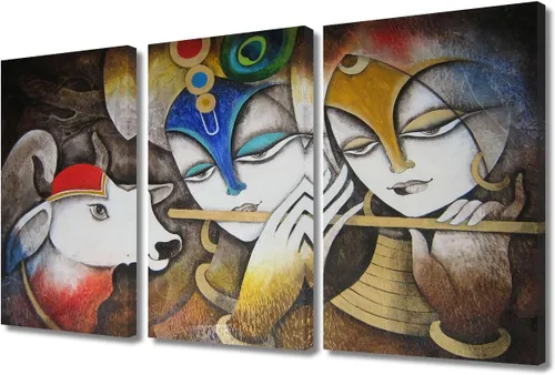 Miniatura 65 de Pintura india hindú Dios Señor Krishna imágenes sobre lienzo, arte de pared de 3 piezas, arte de pared moderno, decoración del hogar para sala