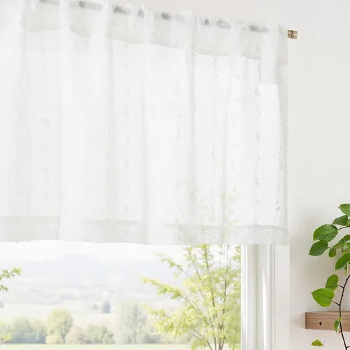 Miniatura 13 de jinchan Cortinas de cenefa para ventanas de 16 pulgadas, coloridos mini pompones, cenefa de cocina de granja, cenefa de gasa semitransparente