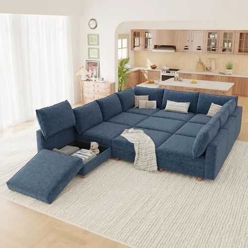 Miniatura 35 de 95.5" Sofá seccional modular de chenilla con almacenamiento oculto, sofá cama convertible en forma de L y U, sofá seccional moderno de 6 plazas