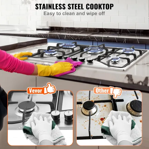 Miniatura 6 de VEVOR Placa de cocina de 30 pulgadas con 5 quemadores, 12250 BTU máx., estufa integrada de acero inoxidable, combustible dual GLP/GN, estufa de gas