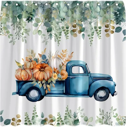 Miniatura 2 de Cortina de ducha con diseño de calabaza, camión, otoño, cosecha, granja, rústico, acuarela, hojas, floral, juego de cortina de baño con gancho