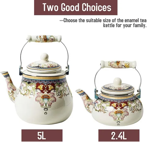 Miniatura 5 de Tetera de Esmalte Cerámico Floral Tetera para Estufa, Tetera Grande de Porcelana Esmaltada (blanco) (2.4L, blanco2)
