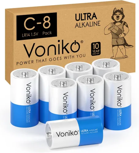 Voniko Baterías C ultra alcalinas, paquete de 8 baterías LR14 de tamaño C – 10 años de vida útil y 6-9 veces la potencia que las baterías de