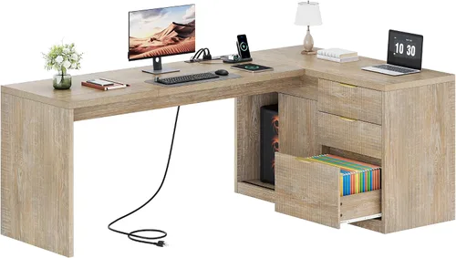 Miniatura 8 de Escritorio de oficina en forma de L de granja con cajones de 78 pulgadas en forma de L, escritorio ejecutivo de oficina con archivador, estantes