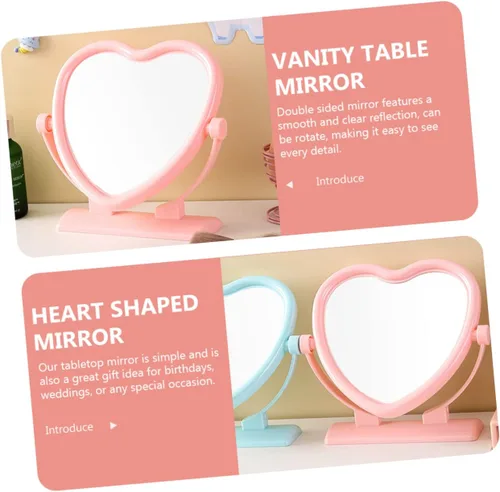 Miniatura 8 de Outanaya Espejo de mesa en forma de corazón de doble cara rosa tocador de escritorio decorativo espejo de 2 lados