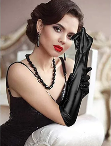 Miniatura 4 de Guantes largos elásticos para mujer, longitud del codo de 21 pulgadas, guante de cuero y satén para fiesta de ópera