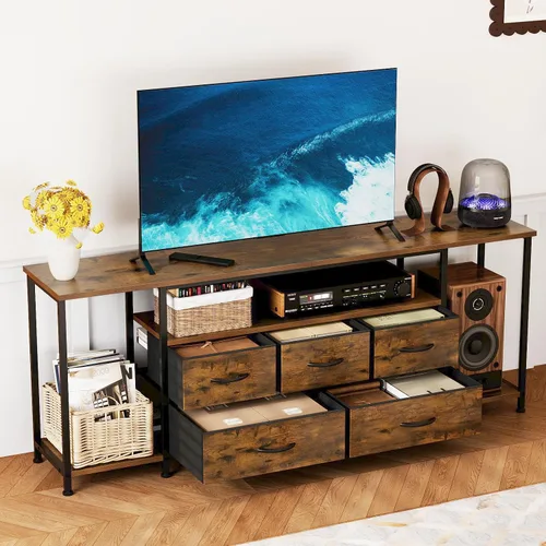 Soporte de TV para televisores de hasta 75 pulgadas, mesa consola industrial de TV con 5 cajones de tela y 3 estantes abiertos, centro de