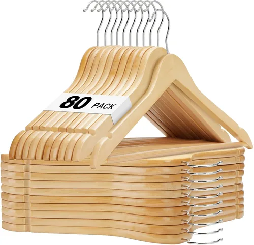 HOUSE DAY Paquete de 80 perchas de madera maciza con barra antideslizante para pantalones, colgador de madera resistente para armario, perchas de