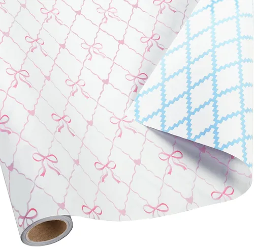 BIOBROWN Rollo de papel de regalo reversible para baby shower, 17 pulgadas x 33 pies (47 pies cuadrados total) - Lazos rosas y diseño de diamante