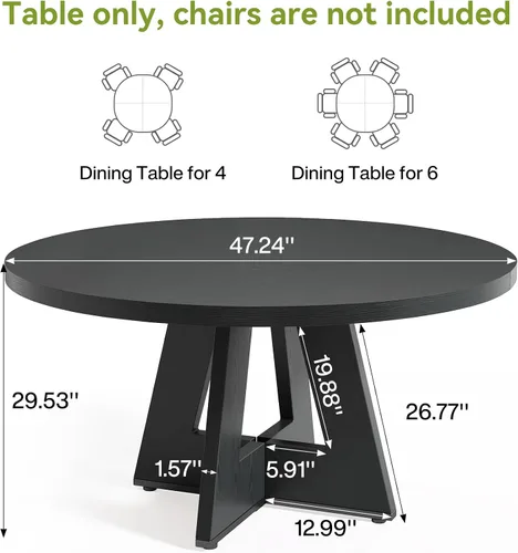 Miniatura 3 de LITTLE TREE Mesa de comedor redonda para 4-6 personas, mesa de comedor de 47 pulgadas con base de pedestal de madera, mesas de comedor negras, mesas