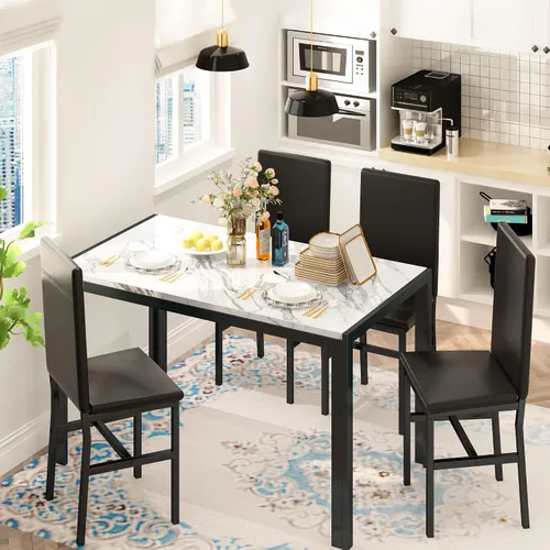 Miniatura 2 de Hooseng Juego de mesa de comedor de 5 piezas para 4 personas con parte superior de mármol sintético y sillas de terciopelo, juego de mesa de cocina