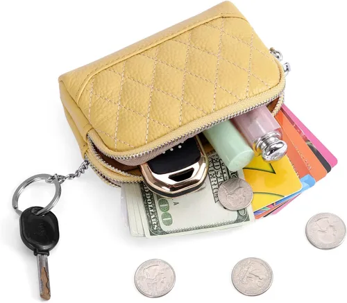 Miniatura 4 de XEYOU Monedero pequeño de piel auténtica con llavero y anillo, Amarillo, Casual