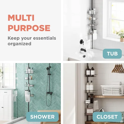 Miniatura 7 de Zenna Home Organizador de esquina con poste de tensión, organizador de ducha ajustable con 4 cestas, organizador de barra de tensión de baño Negro