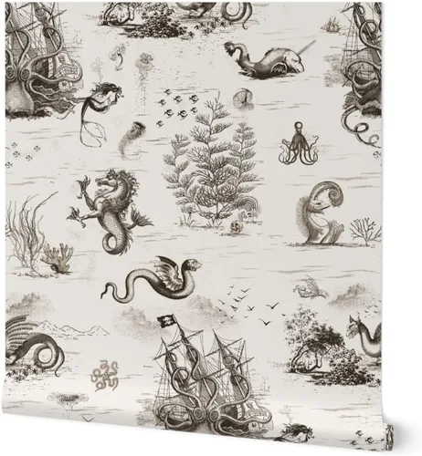 Spoonflower Papel tapiz para despegar y pegar, diseño vintage de dragón, océano, pulpo, sepia, toile, sirena, steampunk, papel tapiz extraíble